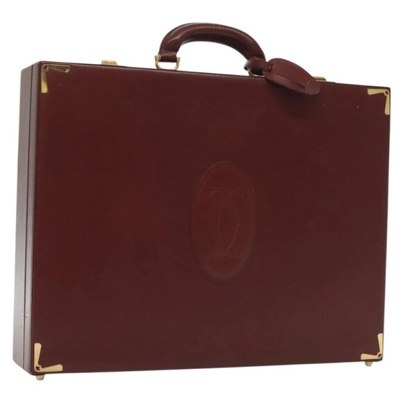 CARTIER Attache case Hand Bag Leather Bordeaux Gold Auth 134457 - Picture 1 of 16